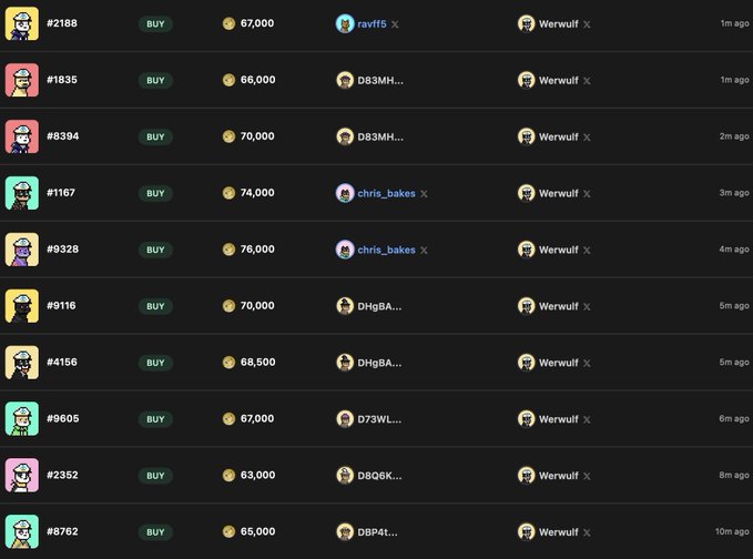 A dark-themed marketplace listing shows Doginal Dogs NFTs for sale, with prices ranging from 63,000 to 76,000, all being purchased by user 'Werwulf'.