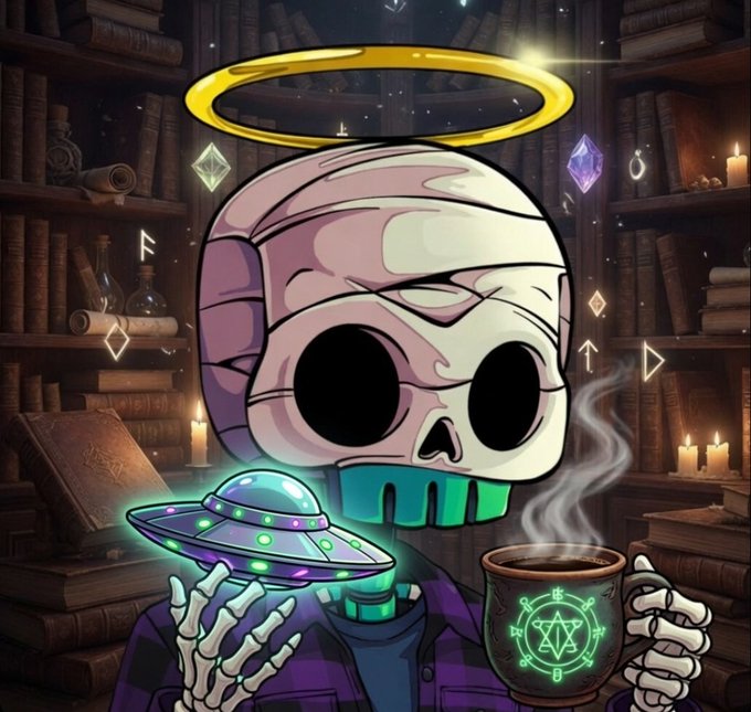 An illustration of a skeleton character wearing a purple plaid shirt, featuring a skull head with glowing pink accents, a golden halo, holding a UFO and a steaming mug with mystical symbols, set against a background of bookshelves and candles.