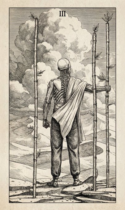 The image features a black and white illustration of a skeleton standing upright with three bamboo poles behind him. The skeleton has a beard, and there are leaves attached to the poles. The background appears to be a cloudy sky or a desert landscape. The text "Tarot cards, on-chain 3 of Wands" is present in the image, which might be related to the illustration's theme or context.