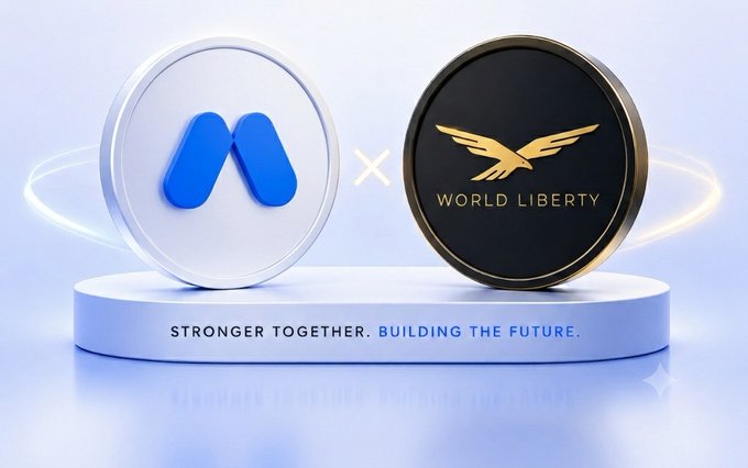 The image shows two large coins on a podium with the text "STRONGER TOGETHER. BUILDING THE FUTURE." — one coin features the blue "M" logo (MEXC) and the other displays the gold "WORLD LIBERTY" eagle emblem, representing a partnership between the MEXC exchange and World Liberty Financial to expand $USD1 across multiple ecosystem services.