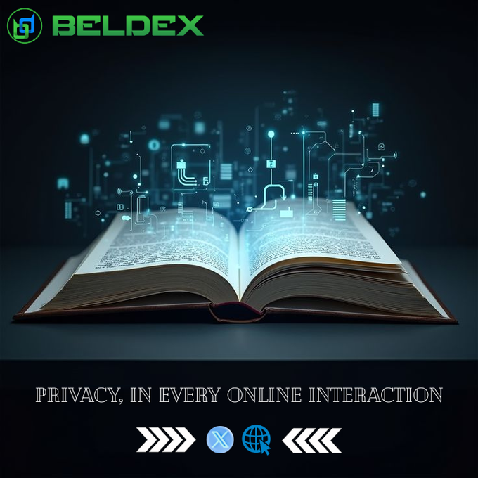 An open book emits glowing digital circuits and code-like particles into the dark background, symbolizing the fusion of knowledge and technology, with "BELDEX" branding and the tagline "PRIVACY, IN EVERY ONLINE INTERACTION" displayed alongside icons representing messaging and web browsing—visually reinforcing the post's emphasis on AI-driven, privacy-focused decentralized communication tools like BChat.