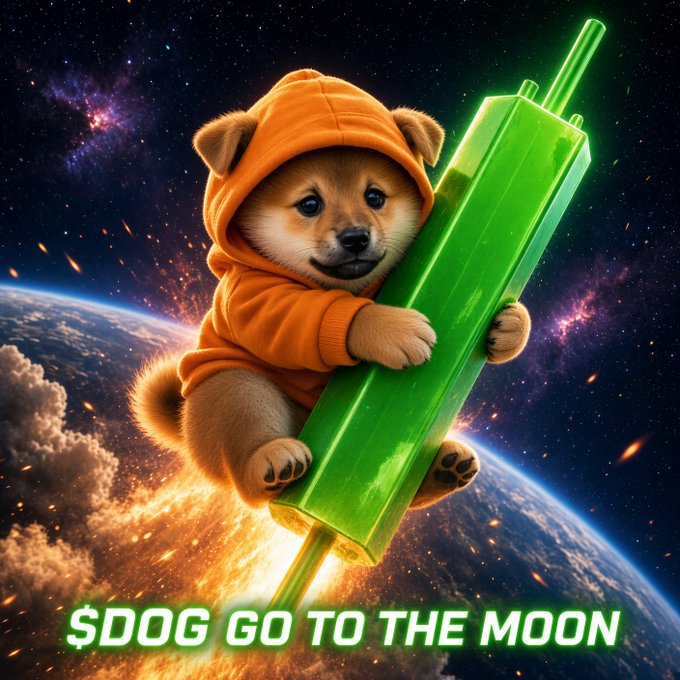 A meme-style image of a Shiba Inu dog wearing an orange hoodie, hugging a large green rocket against a cosmic background, with the text '$DOG GO TO THE MOON' displayed at the bottom.