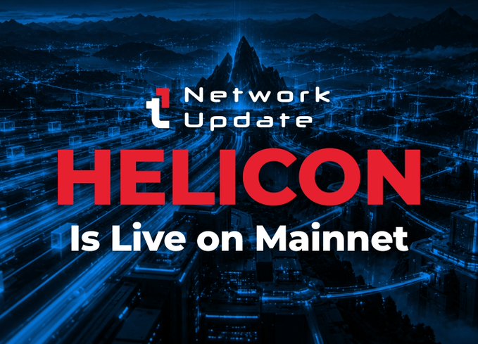 A network update announcement graphic featuring "HELICON Is Live on Mainnet" in bold red and white text, set against a futuristic blue cityscape with connection lines, relating to the Helicon upgrade going live on Avalanche's mainnet.