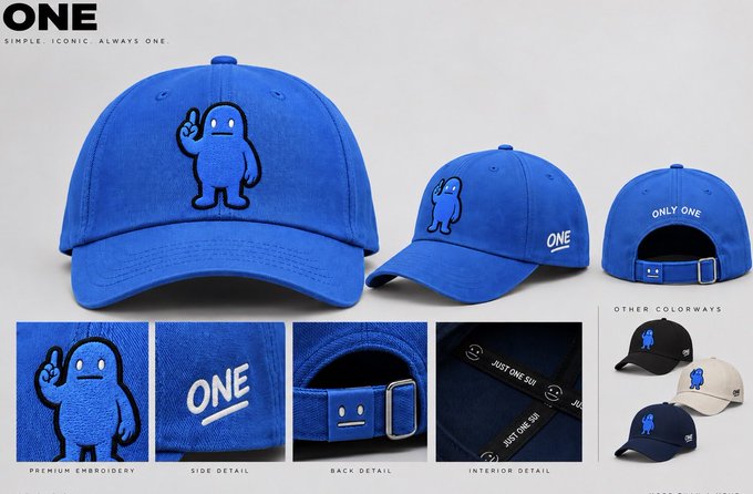 A product display of blue, black, and beige 'ONE' brand dad hats featuring a small character embroidery, with detail shots labeled 'Premium Embroidery', 'Side Detail', 'Back Detail', and 'Interior Detail'.
