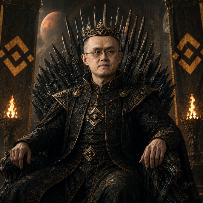 An AI-generated image depicting a man with glasses wearing a golden crown and ornate black and gold armor, seated on a throne made of swords with Binance logos in the background.