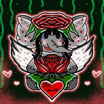 An illustration of an elephant-like character with wings, a red rose on its head, and a heart reading 'Be mine', surrounded by floating hearts on a dark background.