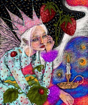A surreal, colorful mixed-media style illustration of a crowned figure with butterfly wings holding a smoking oil lamp, with strawberries and abstract swirls in the background.