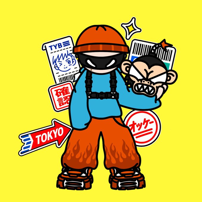 A cartoon illustration on a yellow background of a character wearing an orange beanie, black mask, blue shirt, and orange flame-patterned pants, holding a monkey toy, surrounded by stickers including 'TYB', 'TOKYO', and Japanese text.