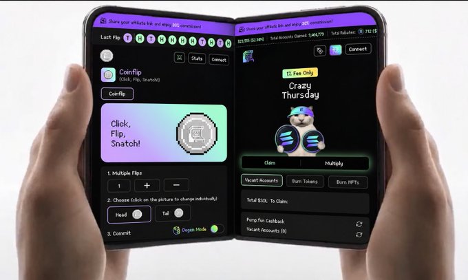 A pair of hands holding a folding smartphone displaying the 'Coinflip' app interface, showing options to 'Click, Flip, Snatch!' and a 'Crazy Thursday' section with a dog character, alongside text for 'Multiple Flips' and 'Connect'.
