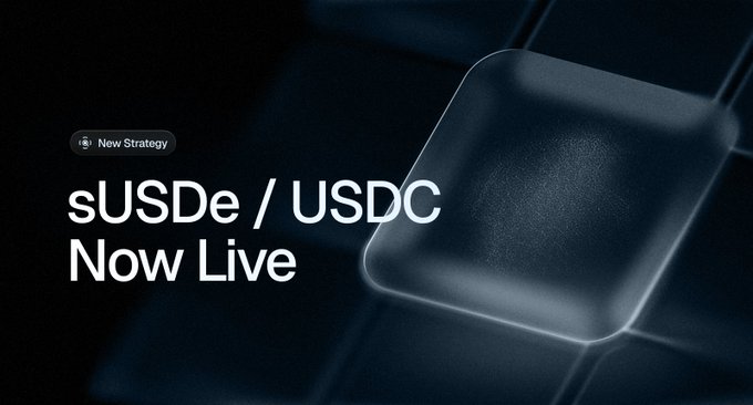 A dark promotional graphic displays the text 'New Strategy' in a pill-shaped tag, alongside 'sUSDe / USDC Now Live' against a 3D cube background.