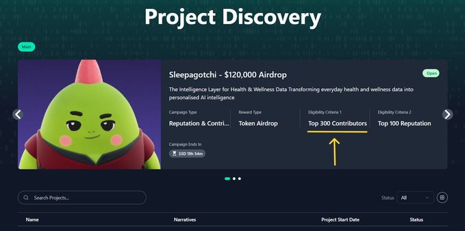 This image features a screenshot of a website showcasing various projects with different themes. The main focus is a project called "Project Discovery" which has been assigned an "Award", indicating that it has received recognition for its innovative nature or creativity. In addition, there's another project displayed in the bottom right corner titled "Top 100 contributors". This highlights the importance of contributions and the collaborative effort behind these projects. The image also includes a green robot figure with a yellow cone on its head, which adds a playful element to the presentation.