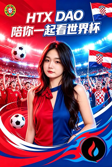 A promotional image featuring a woman in a red and blue dress standing in front of a stadium backdrop with fans waving flags and soccer balls, displaying the text "HTX DAO 陪你一起看世界杯" (HTX DAO accompanies you to watch the World Cup) alongside the Portuguese and Croatian national emblems, promoting a giveaway contest for the Portugal vs. Croatia match.