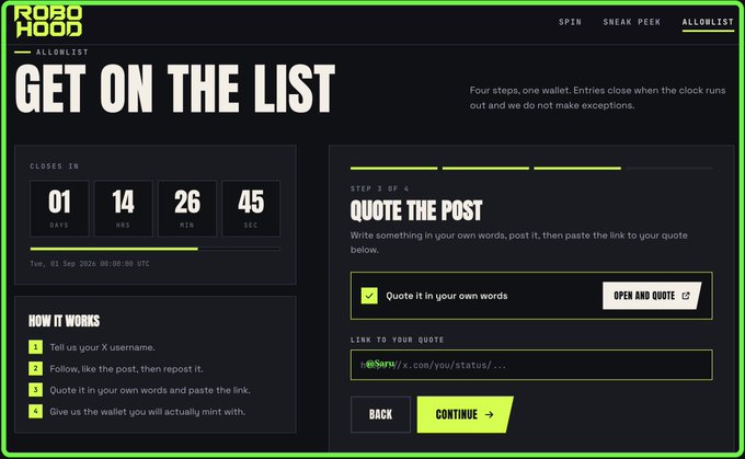 A webpage from Robo Hood's 'ALLOWLIST' section titled 'GET ON THE LIST' displays a countdown timer (01 days, 14 hrs, 26 min, 45 sec) alongside a four-step process for quote submissions.