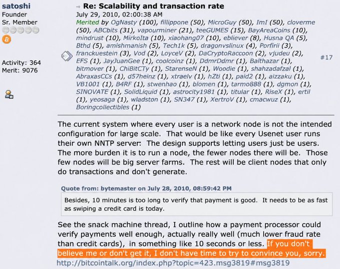 A screenshot of a BitcoinTalk forum post from user "satoshi" (Founder, Sr. Member with 364 activity and 9076 merit) dated July 29, 2010, titled "Re: Scalability and transaction rate," in which he argues against every user running a network node and famously concludes with the highlighted quote "If you don't believe me or don't get it, I don't have time to try to convince you, sorry." The image illustrates Satoshi's early dismissal of skeptics, contrasting with Bitcoin's massive growth from $0.06 in 2010 to over $63,000 today.