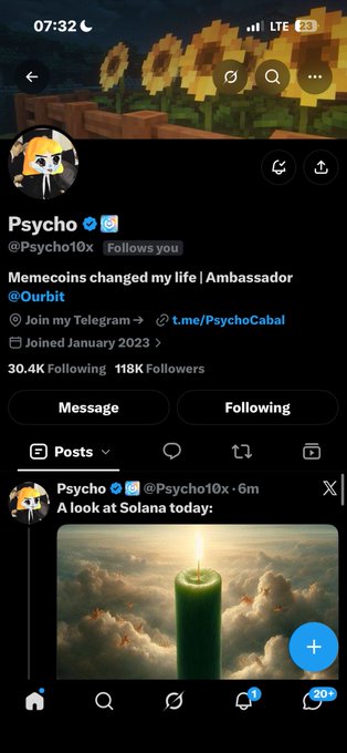 A Twitter profile for 'Psycho' (@Psycho10x), who joined in January 2023 and has 118K followers, displaying a pinned post about Solana.