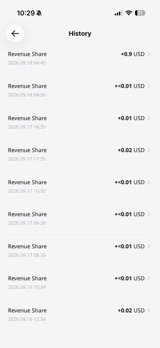 A smartphone screenshot of a History page showing a list of Revenue Share transactions in USD, with amounts like +0.9 USD and +0.01 USD from September 2026.