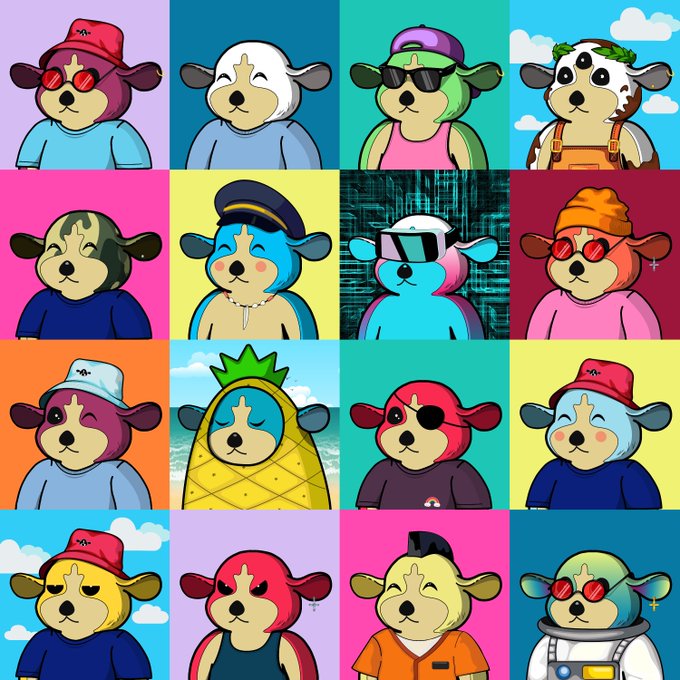 A grid of 16 cartoon-style dog characters in various costumes and outfits (pirate, sailor, pineapple suit, astronaut, etc.) each with different expressions and colorful backgrounds.