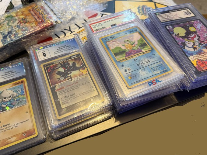 A collection of graded Pokémon trading cards in PSA slabs displayed on a glass surface, featuring a PSA 9 Umbreon, a Japanese Squirtle PSA 10, and other rare cards in protective cases.