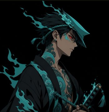 A stylized anime illustration of a character with dark hair, glowing red eyes, teal tribal tattoos, and teal flames swirling around them as they grip a sword hilt.