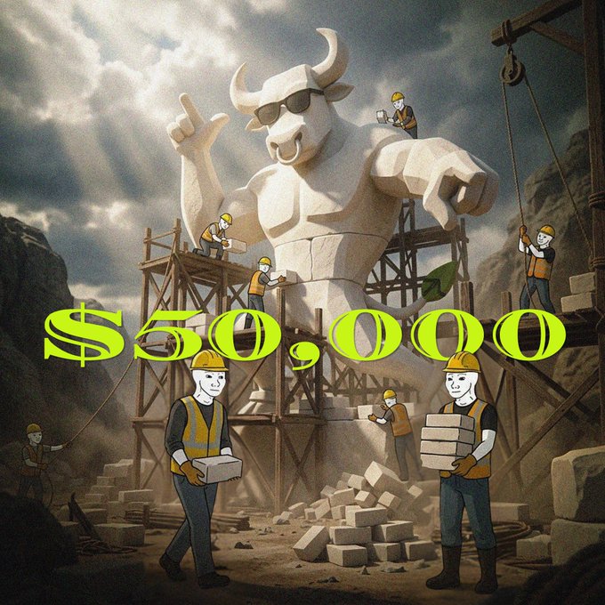 A digital artwork of construction workers building a giant white bull statue with sunglasses, with the text '$50,000' overlaid in bright yellow-green.