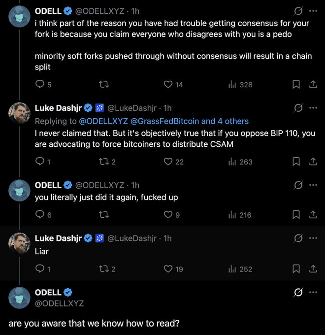 A Twitter/X thread featuring a heated debate between users @ODELLXYZ and @LukeDashjir regarding consensus and BIP 110, with ODELL claiming that minority soft forks pushed without consensus will result in a chain split, and Luke Dashjir calling him out for implying opponents of BIP 110 advocate distributing CSAM.