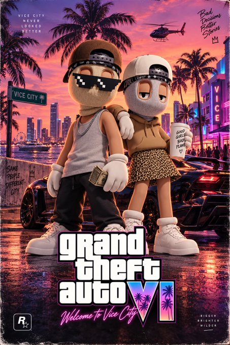 A stylized, knitted-texture video game cover parodying "Grand Theft Auto VI" shows two sock-puppet characters in a neon-lit "Vice City" setting, with the title "grand theft auto VI" and "Welcome to Vice City."