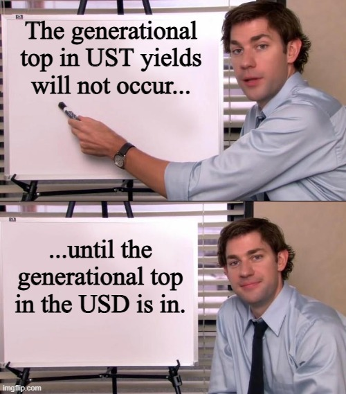 The image is a two-panel meme featuring a man presenting at a whiteboard. The top panel reads, "The generational top in UST yields will not occur..." while the bottom panel completes the thought: "...until the generational top in the USD is in." This visually reinforces the accompanying post's argument that bond traders are mistaken about Fed rate hikes affecting the long end, as U.S. Treasury yields cannot peak until the U.S. Dollar peaks.