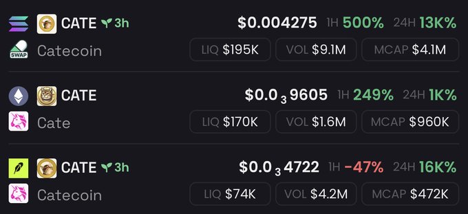 The image displays three cryptocurrency tokens all labeled "$CATE" with varying tickers (Catecoin and Cate), showing their prices, liquidity, volume, and market caps, illustrating the confusion of multiple tokens sharing the same name in crypto markets.