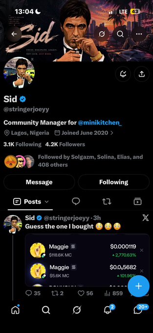 A Twitter/X profile page for 'Sid' (@stringerjoeyy), a Community Manager for @minikitchen_, showing 3.1K Following and 4.2K Followers from Lagos, Nigeria, with a recent post displaying cryptocurrency prices for 'Maggie'.