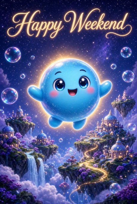 A digital illustration featuring a cute blue bubble character with a happy face, surrounded by floating bubbles, purple flowers, and fantasy castles on floating islands under 'Happy Weekend' text.