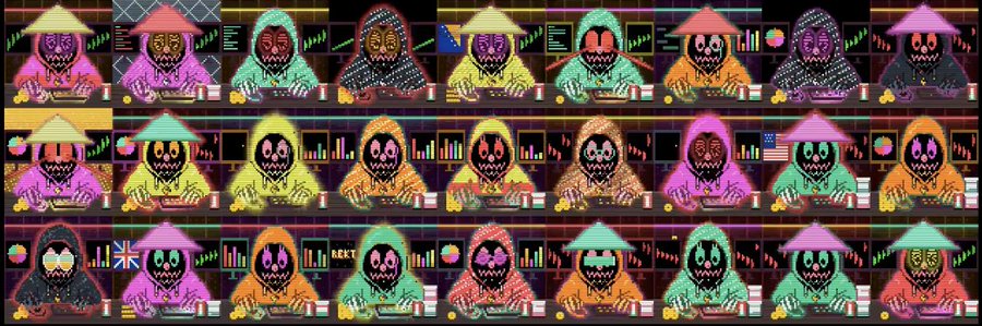 A grid of 30 pixel-art "Rektguy" NFT characters, each depicted as a hooded figure sitting at a unique desk setup with varying accessories, backgrounds, and national flags, illustrating the diverse personalities (ape, scalper, reverter, tilt, range, etc.) mentioned in the tournament announcement.