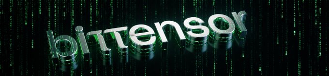 A stylized 3D metallic logo for 'bitTensor' against a dark background with falling green code rain reminiscent of the Matrix.