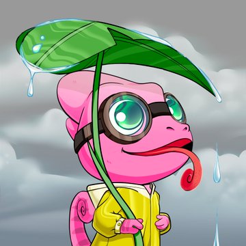 A pink chameleon character with green glasses smiles cheerfully while holding a large green leaf overhead as a makeshift umbrella against the cloudy, rainy backdrop. The image ties to the post by visually representing the "1/1 baby pink and green" color scheme mentioned in the caption, with the character's pink skin and green accessories matching the NFT artwork's theme ahead of its D-2 mint day.