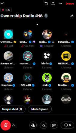 Screenshot of an X/Twitter Space called 'Ownership Radio #18' showing the host, co-host, speaker, and listeners including usernames like SrM, rakio, Futarch, and SOLxAR.
