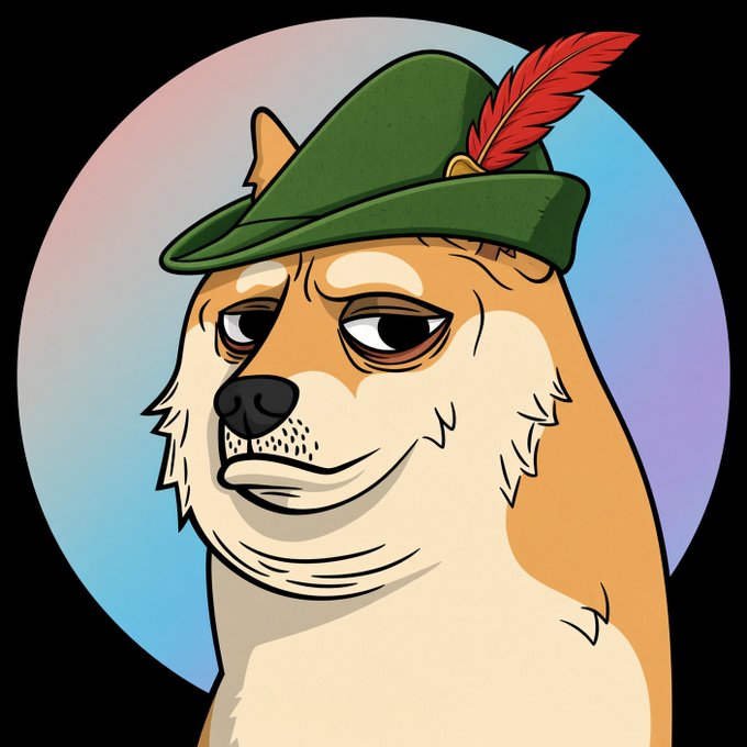 A cartoon Shiba Inu dog wearing a green Robinhood-style hat with a red feather, depicted with a weary expression against a gradient blue-pink circular background. The image playfully references the post's mention of Robinhood, visually suggesting the DogePound NFT considering integrating with the Robinhood platform.