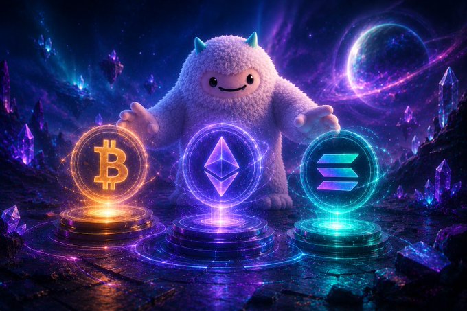 A fluffy white cartoon monster stands in a cosmic, crystal-filled landscape behind three glowing orbs displaying the Bitcoin (B), Ethereum (Ξ), and Solana logos, visually representing the top three tokens by volume on the @bulktrade testnet: BTC ($63M), ETH ($8.5M), and SOL ($7.45M).