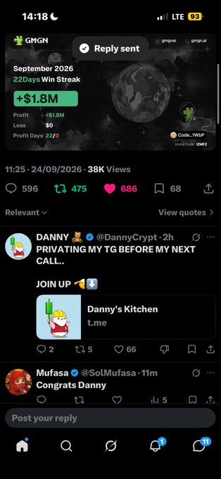 A Twitter/X mobile screenshot showing a post by 'GMGN' with a 'Reply sent' notification, advertising 'September 2026, 220 Days Win Streak, +$1.8M', followed by replies from 'Danny' (@DannyCrypt) promoting 'Danny's Kitchen' on Telegram and 'Mufasa' (@SolMufasa) congratulating Danny.