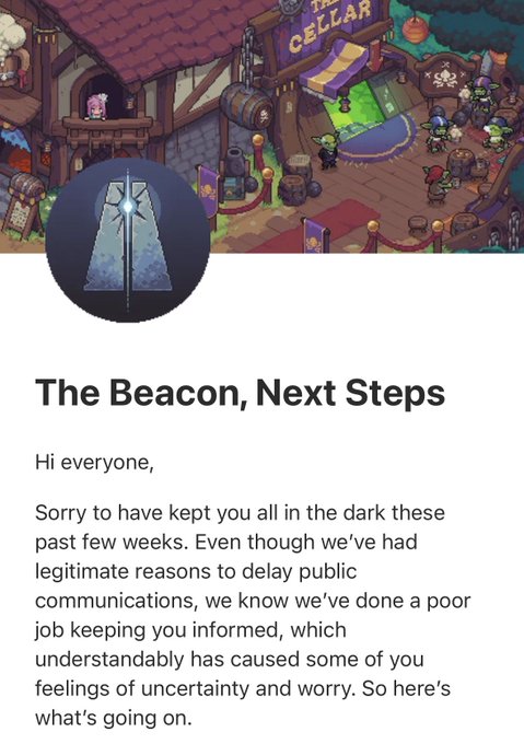 A blog post titled "The Beacon, Next Steps" featuring a circular logo with a glowing blue obelisk against a dark sky, set against a cartoon tavern scene. The post begins with "Hi everyone, Sorry to have kept you all in the dark these past few weeks..." which relates to allegations of fraud, unfulfilled promises, and a delayed apology announcement from the gaming project.