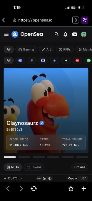 A mobile screenshot of the OpenSea NFT marketplace displaying the 'Claynosaurz' collection by B7B2g3, showing a floor price of 11.4372 SOL, 10,232 items, and a total volume of 775.7K SOL.