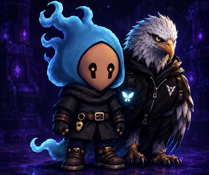 A cute blue flame-like figure with tearful eyes and dark clothing stands beside a stern eagle in tactical gear with a glowing butterfly emblem, both set against a moody purple-lit background—symbolizing the hidden watchers and guardians of our private digital lives, reinforcing the post's message that privacy is controlled by unseen forces and demands more than passive trust.