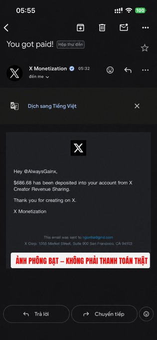 A screenshot of an X (Twitter) notification from X Monetization stating '$686.68 has been deposited,' with a Vietnamese warning label reading 'ẢNH PHÓNG BẢT – KHÔNG PHẢI THANH TOÁN THẬT' (Mock image – not a real payment).