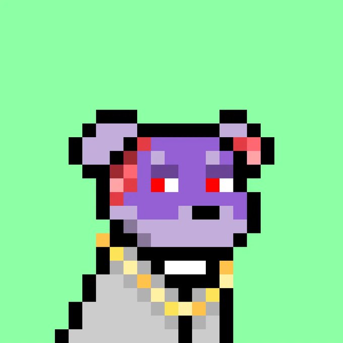 Pixel art illustration of a purple cat-like character with a gold chain necklace on a green background.