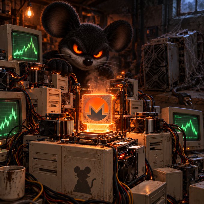 A digital artwork featuring an ominous black mouse-like creature with glowing orange eyes looming over a Monero (XMR) cryptocurrency logo embedded in glowing hardware surrounded by old computer equipment.