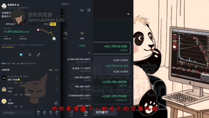 A screenshot showing cryptocurrency trading interface with prices and gains in USD and USDT, alongside a cartoon panda meme holding a cigarette next to a computer monitor.