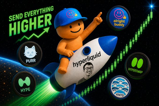 A promotional crypto graphic featuring a bobblehead character riding a 'hyperliquid' rocket, surrounded by tokens like 'PURR', 'HYPE', 'alright buddy', 'HYPERSWAP', and 'KNTG', with the text 'SEND EVERYTHING HIGHER'.