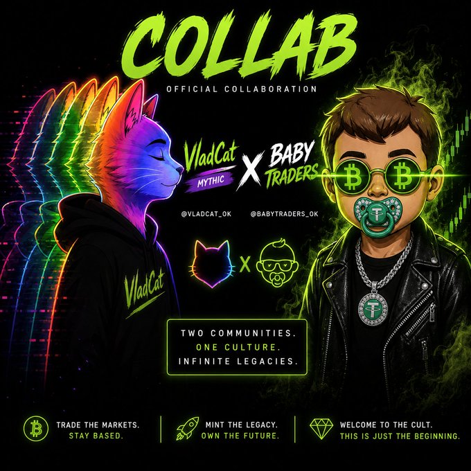 A vibrant collaboration poster features VladCat (Mythic) x Baby Traders, with the tagline "Two communities. One culture. Infinite legacies" and "Trade the markets. Stay based. Mint the legacy. Own the future." The accompanying post ties in by offering Baby Traders minters a guaranteed spot in GDT Phase, reinforcing the "Infinite legacies" promise of this joint NFT drop.
