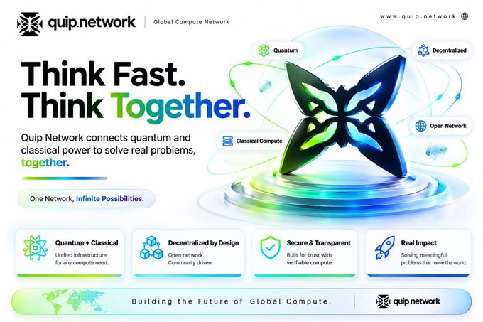 A promotional graphic for "quip.network" featuring the tagline "Think Fast. Think Together." The design showcases a glowing butterfly-like logo representing quantum and classical compute, with feature highlights like "Decentralized by Design" and "Secure & Transparent" at the bottom.