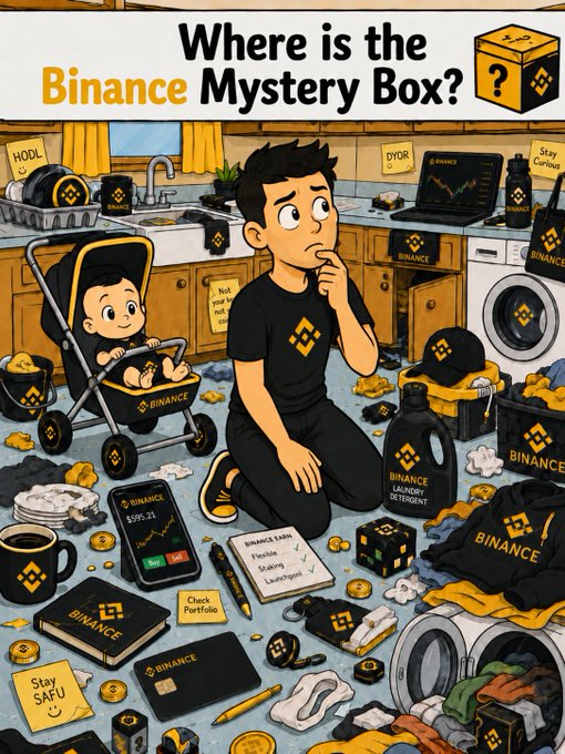 A cartoon man sits amid a cluttered kitchen overflowing with Binance-branded merchandise—hoodies, mugs, detergent, laundry baskets, and even a baby stroller—while scratching his head in confusion under the heading "Where is the Binance Mystery Box?"

The image playfully ties into a Binance promotional challenge, using the over-the-top scene of hidden branded items as a fun visual riddle to encourage participants to engage, follow, and share for a chance to win 300 USDC.
