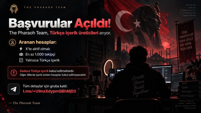 Turkish-language recruitment poster for 'THE PHARAOH TEAM' seeking Turkish content creators, with text 'Başvurular Açıldı!' and 'Aranan hesaplar: X'te aktif olmalı, En az 1.000 takipçi, Yalnızca Türkçe içerik'.