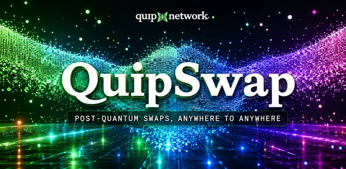 A promotional graphic for 'QuipSwap' by qup network, reading 'POST-QUANTUM SWAPS, ANYWHERE TO ANYWHERE' against a colorful neon particle background.